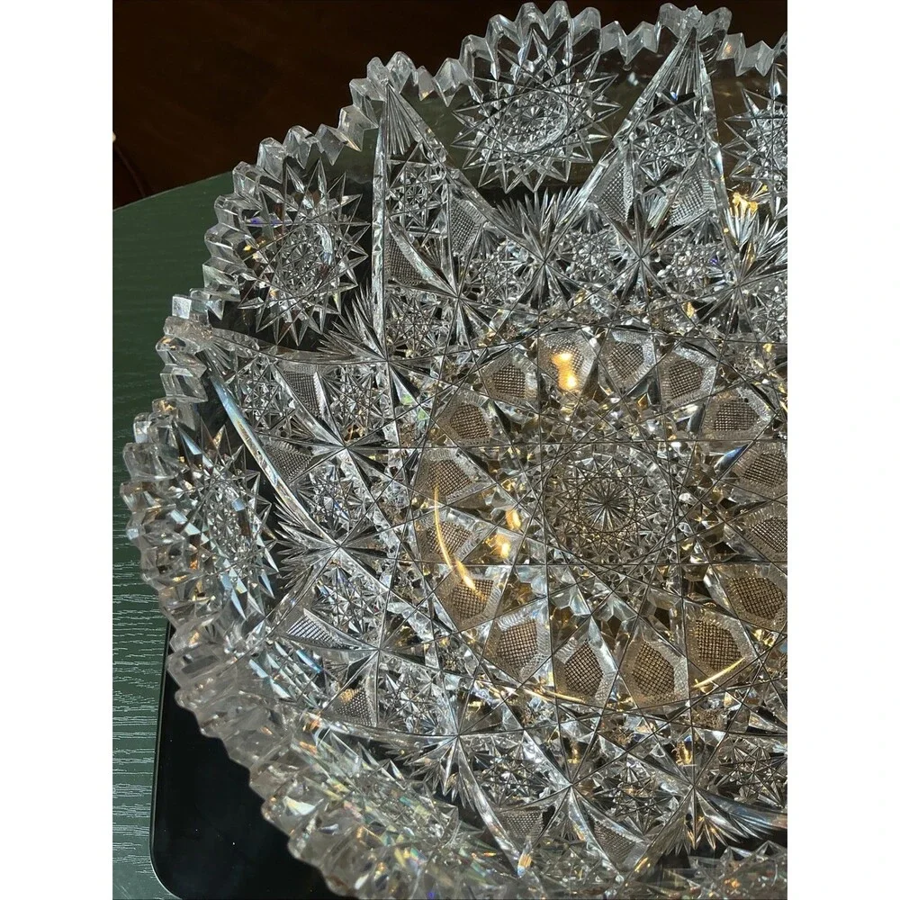American Brilliant Lead Cut Glass Bowl 8.25 Inch Clear Antique Sawtooth Edge
